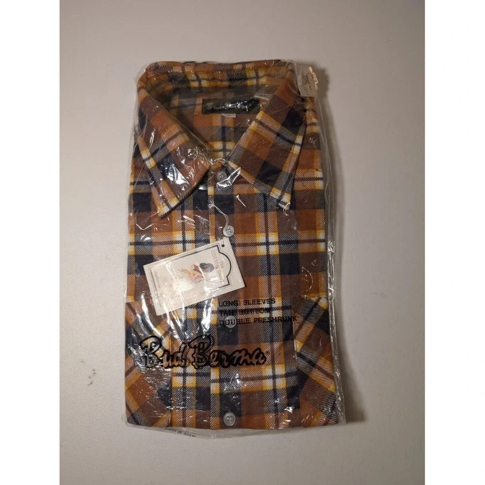 Bud Berma Flannel Shirt Plaid Brown Yellow Large NOS Vintage Made‎ in Hong Kong